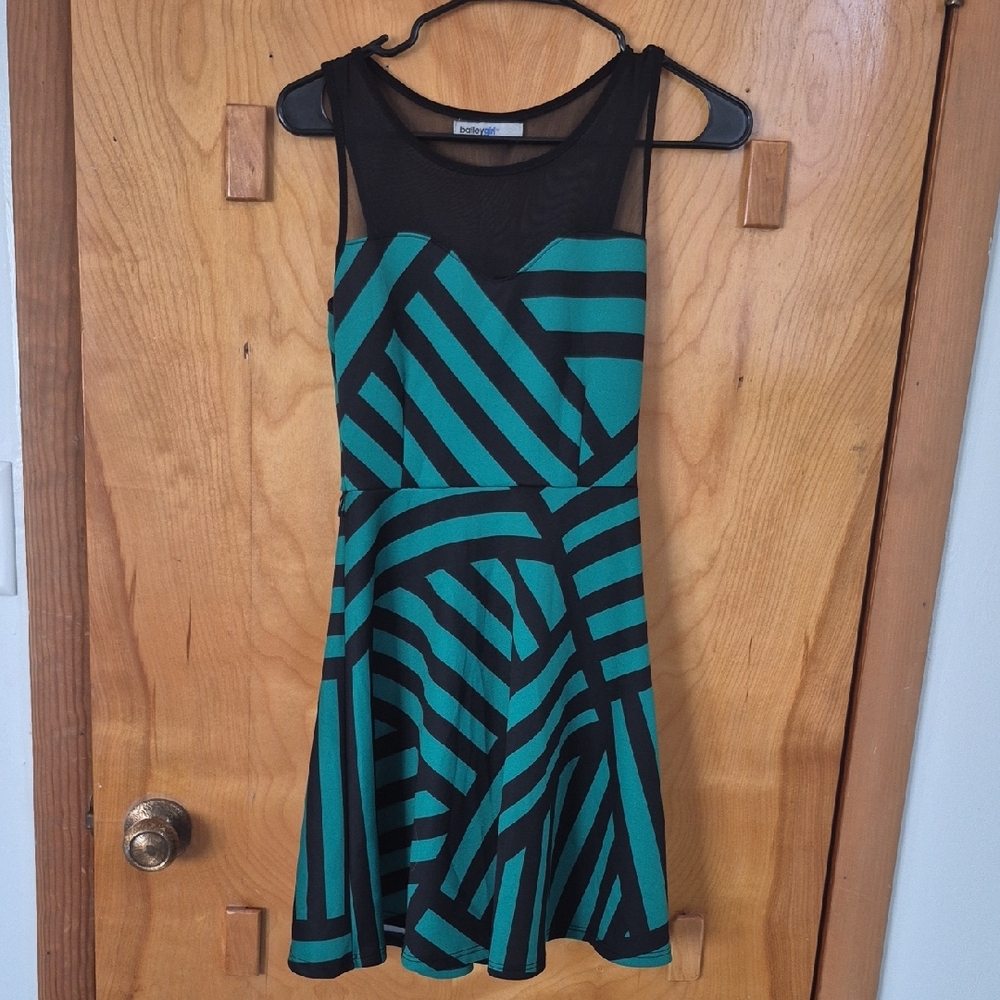 Baby Phat Black and Teal Geometric Fit & Flare Mini Dress